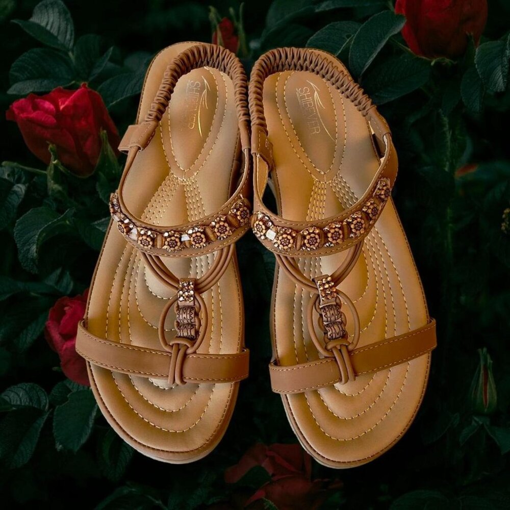 NWOB Shibever Beaded Tan‎ Sandals Boho Comfort Resort Summer Shoe Size 8.5